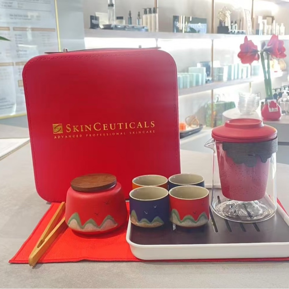 Red Tea Set with SkinCeuticals Case